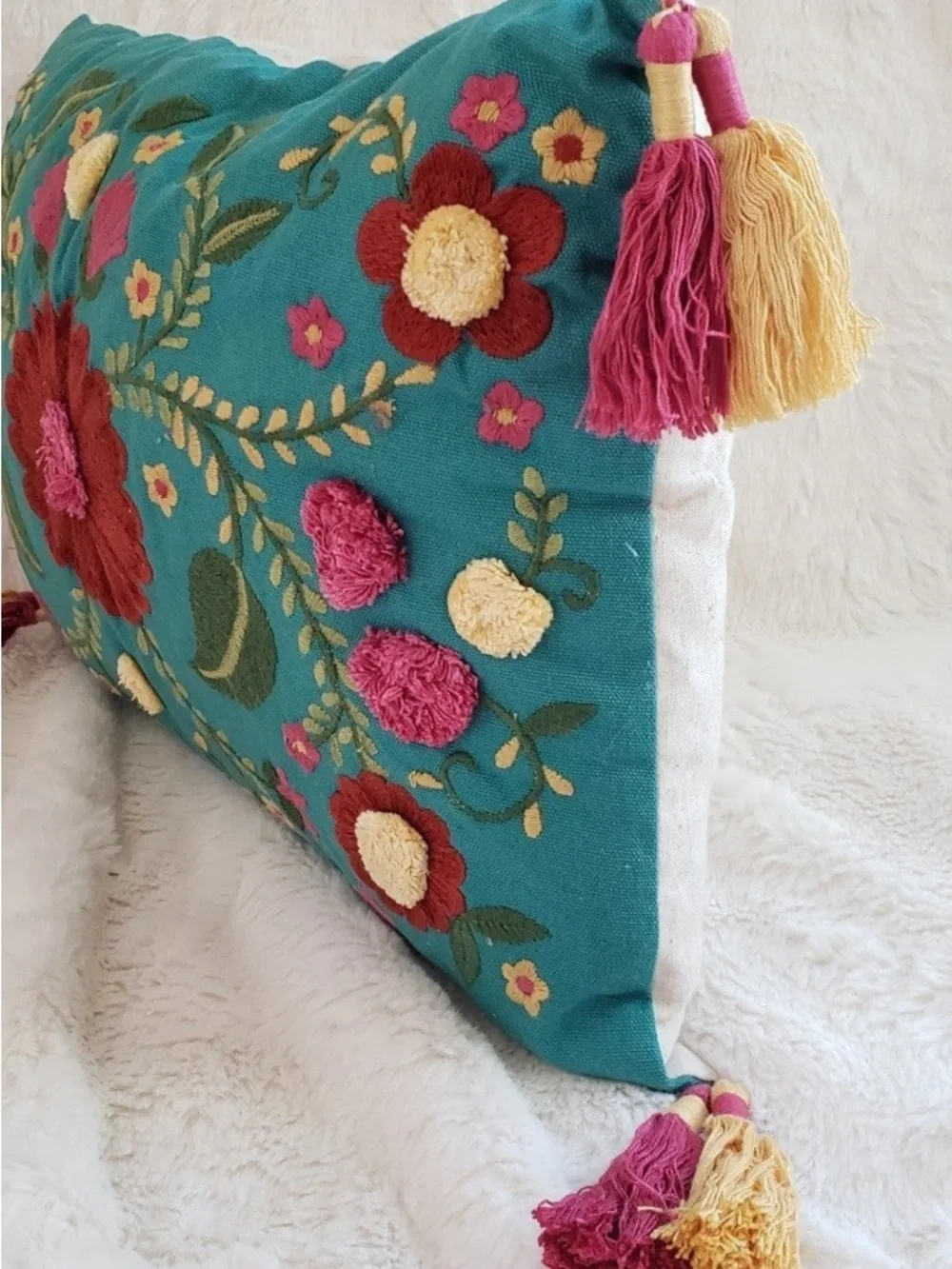 Pier 1 Embroidered Accent Pillow with Pom Pom Florals and Tassels NWT
